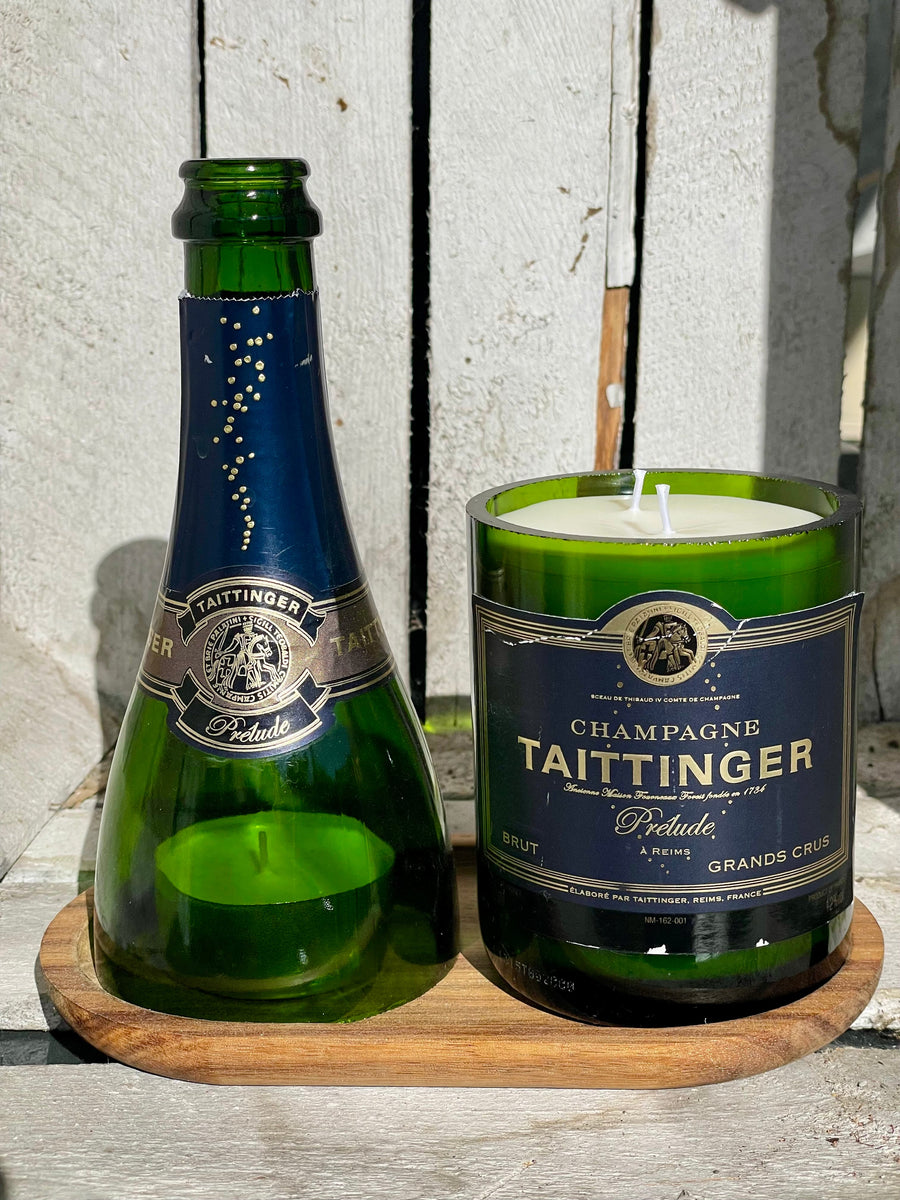 Flaschenkerzen-Set Taittinger Prélude mit Windlicht & Holztablett als Upcycling Geschenkidee mit Kerzenlicht und Originalflasche