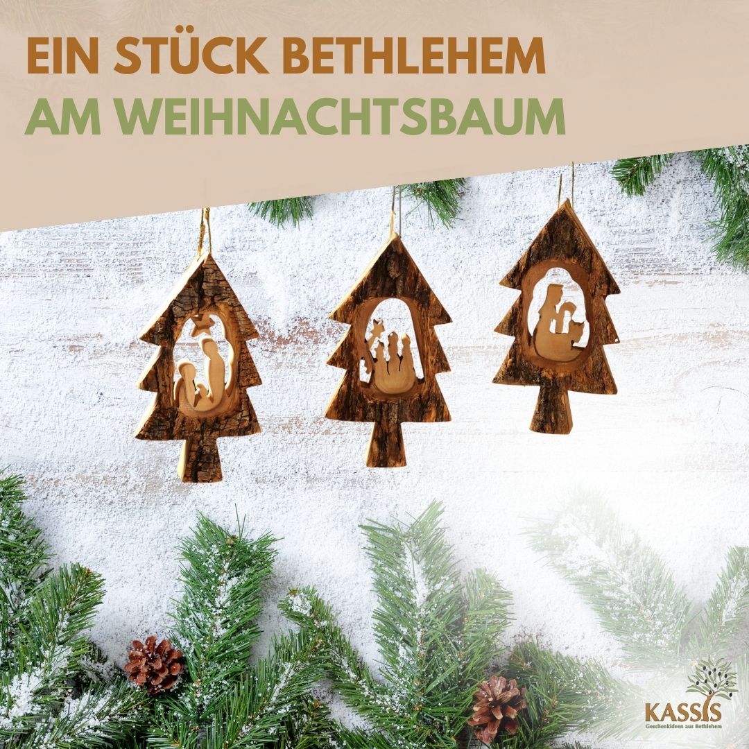 Krippen-Anhänger im Tannenbaum – 3er-Set mit Rinde
