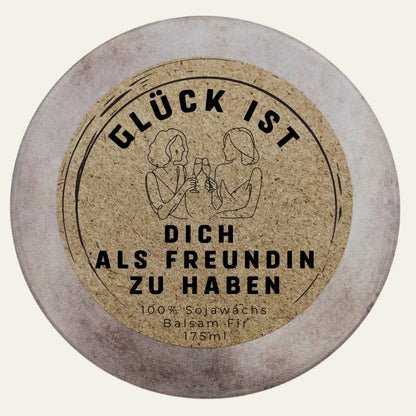 Personalisierte Duftkerze mit Deckel Handbesetzt „Glück ist dich als Freundin zu haben“ – Geschenk Handmade im Südschwarzwald
