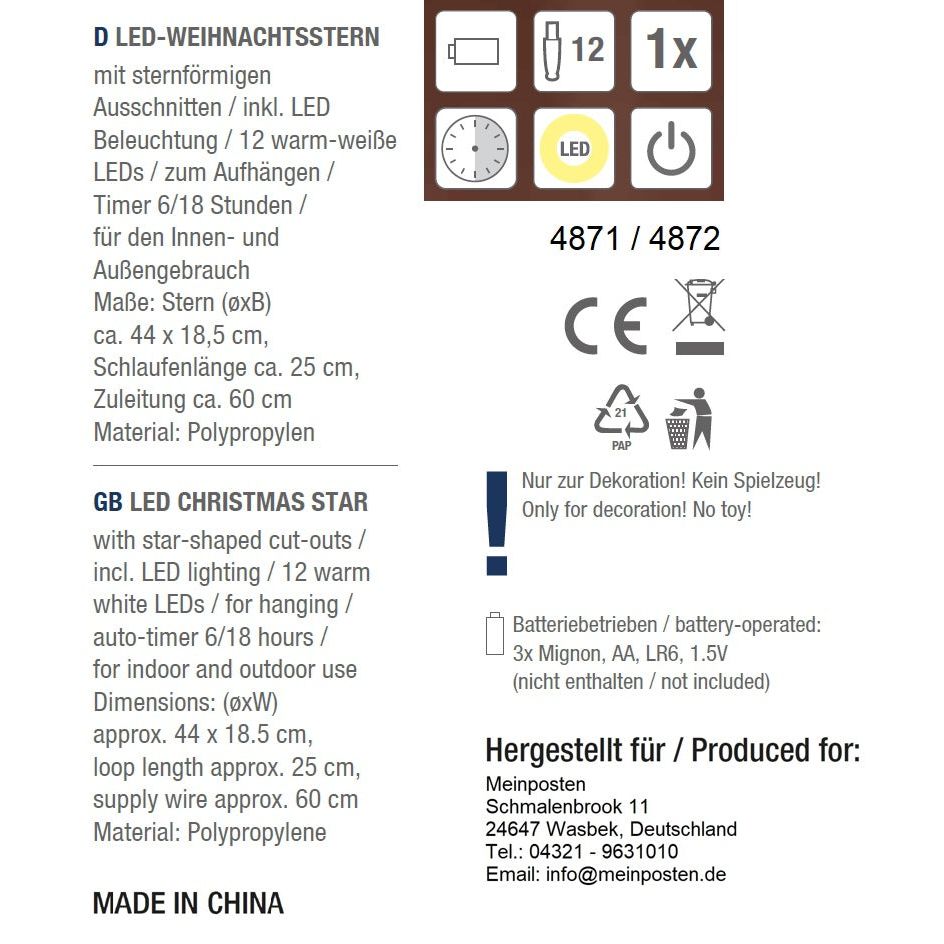 LED-Weihnachtsstern – Rot, 44 cm, mit Timer
