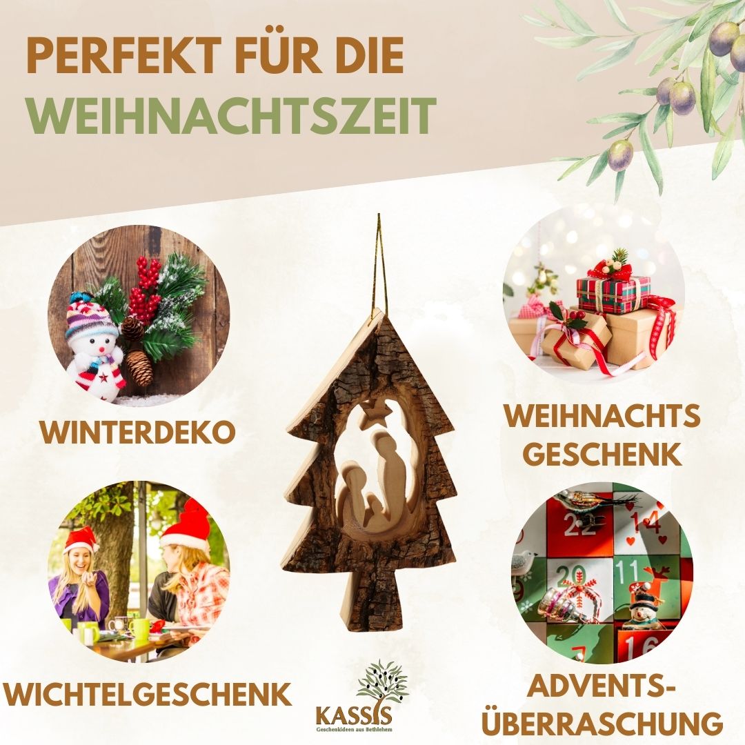 Krippen-Anhänger im Tannenbaum – 3er-Set mit Rinde