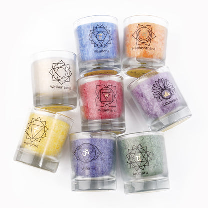 Chakra Ritualkerzen Set – Licht für Meditation & Raumbalance | 6 x 2,5 cm | Chakra