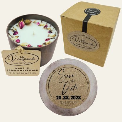 Handgemachte Duftkerze „Save The Date“ – Personalisierbares Geschenk für unvergessliche Moment