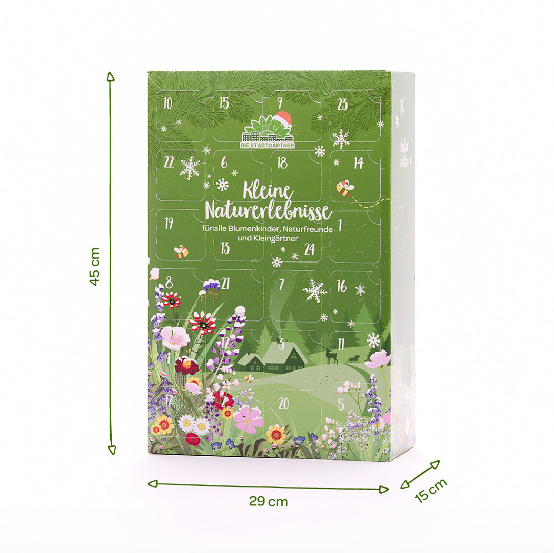 Adventskalender Naturerlebnis freigestellt mit Produktdetails und Abmessungen