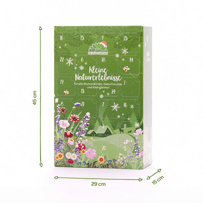 Adventskalender Naturerlebnis freigestellt mit Produktdetails und Abmessungen