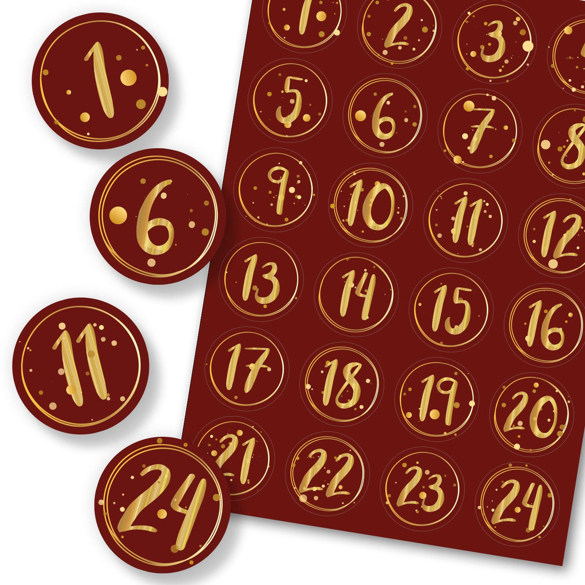 Adventskalender-Zahlenaufkleber 1–24 – 4 Farben