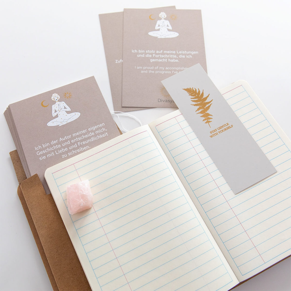Affirmationskarten Set mit Bullet Journal und Rosenquarz