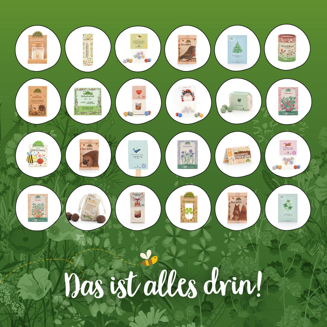 Inhalt des großen Stadtgärtner Adventskalenders 2026 mit Naturgeschenken