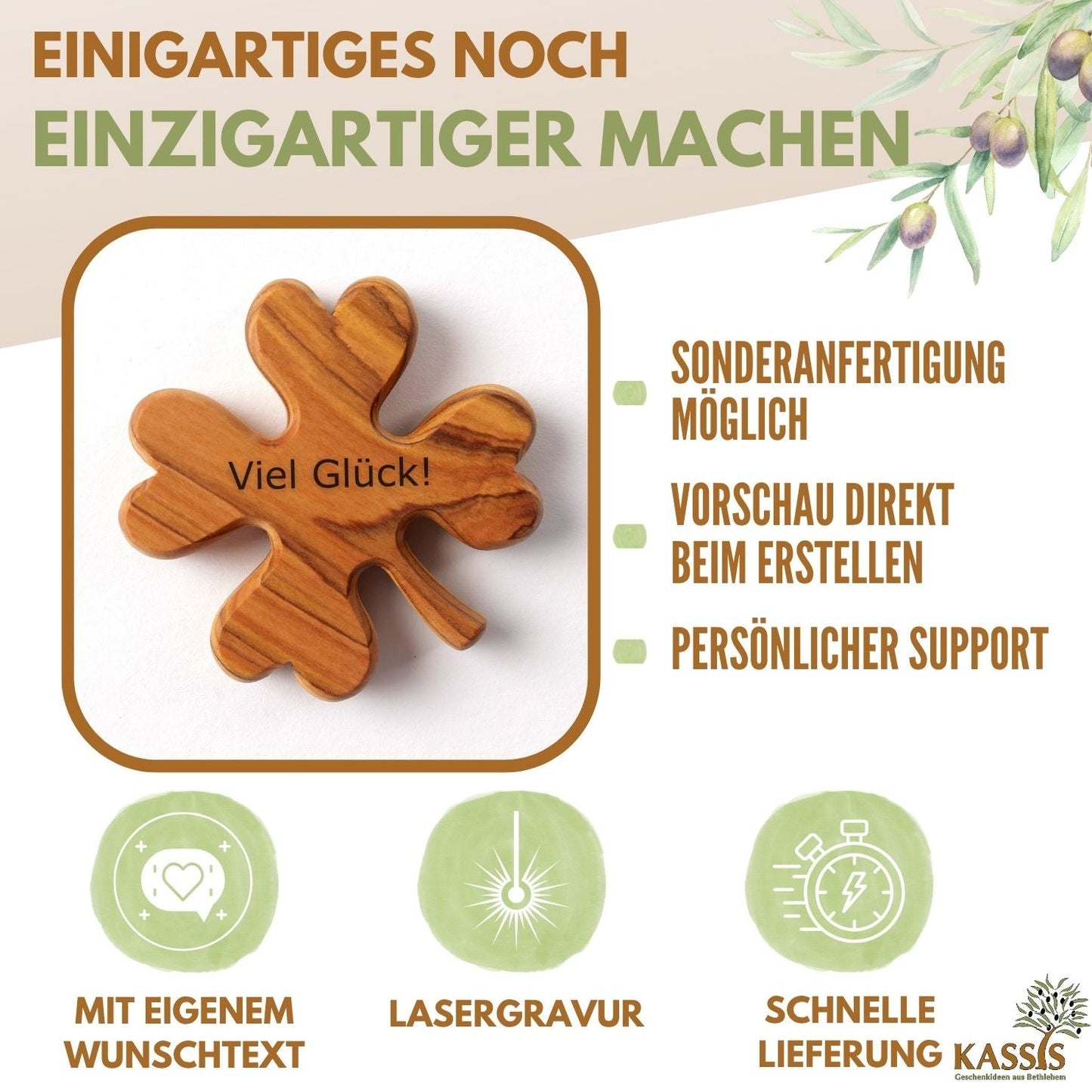 Kleeblatt aus Olivenholz – Handschmeichler & Glücksbringer