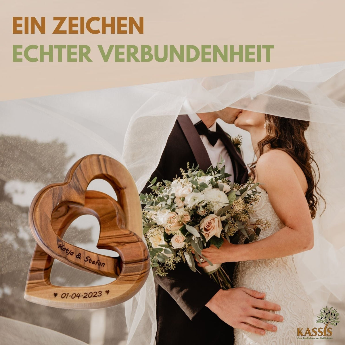Verbundene Olivenholz-Herzen mit Gravur – 7,5 cm – weitere Produktansicht 5 von 10