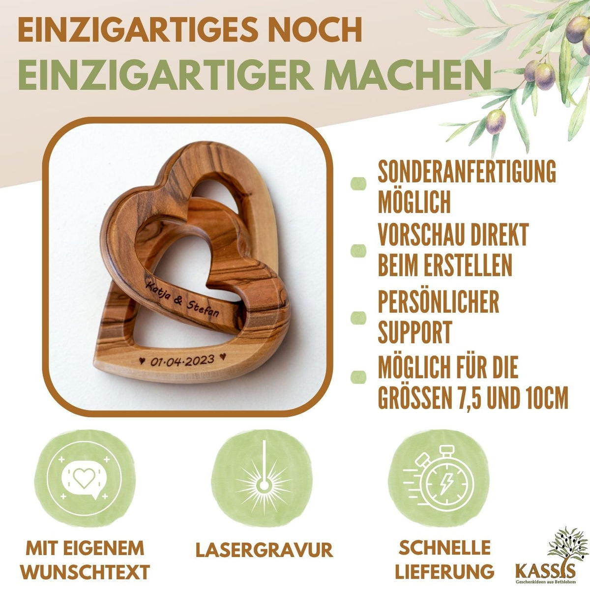 Verbundene Olivenholz-Herzen mit Gravur – 7,5 cm – weitere Produktansicht 6 von 10