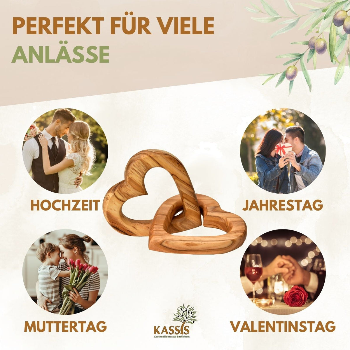 Verbundene Olivenholz-Herzen mit Gravur – 7,5 cm – weitere Produktansicht 7 von 10