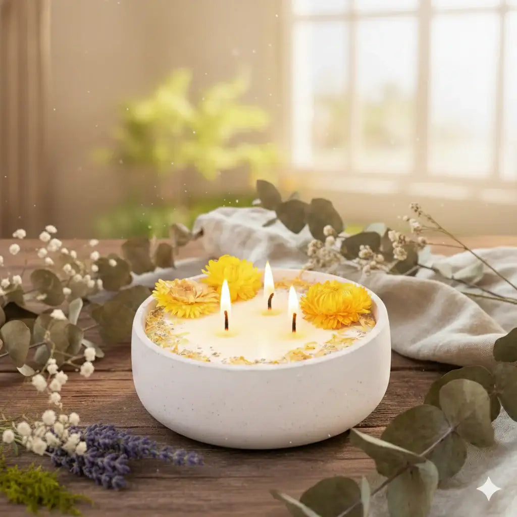 XL Betonkerze "Big Sunshine" – 3-Docht & gelbe Blüten | 18cm | Handgegossen