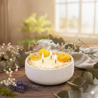 XL Betonkerze "Big Sunshine" – 3-Docht & gelbe Blüten | 18cm | Handgegossen