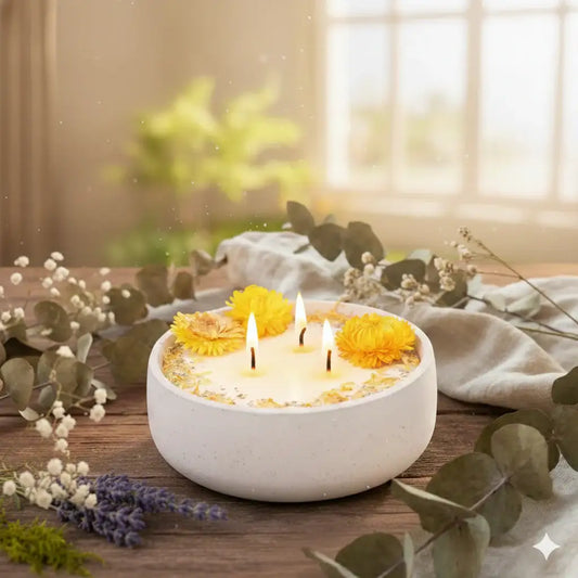 XL Betonkerze "Big Sunshine" – 3-Docht & gelbe Blüten | 18cm | Handgegossen