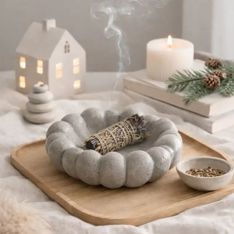 Handgefertigte graue Betonschale im skandinavischen Stil mit Räucherwerk, Kerze und minimalistischer Deko auf hellem Holztablett.