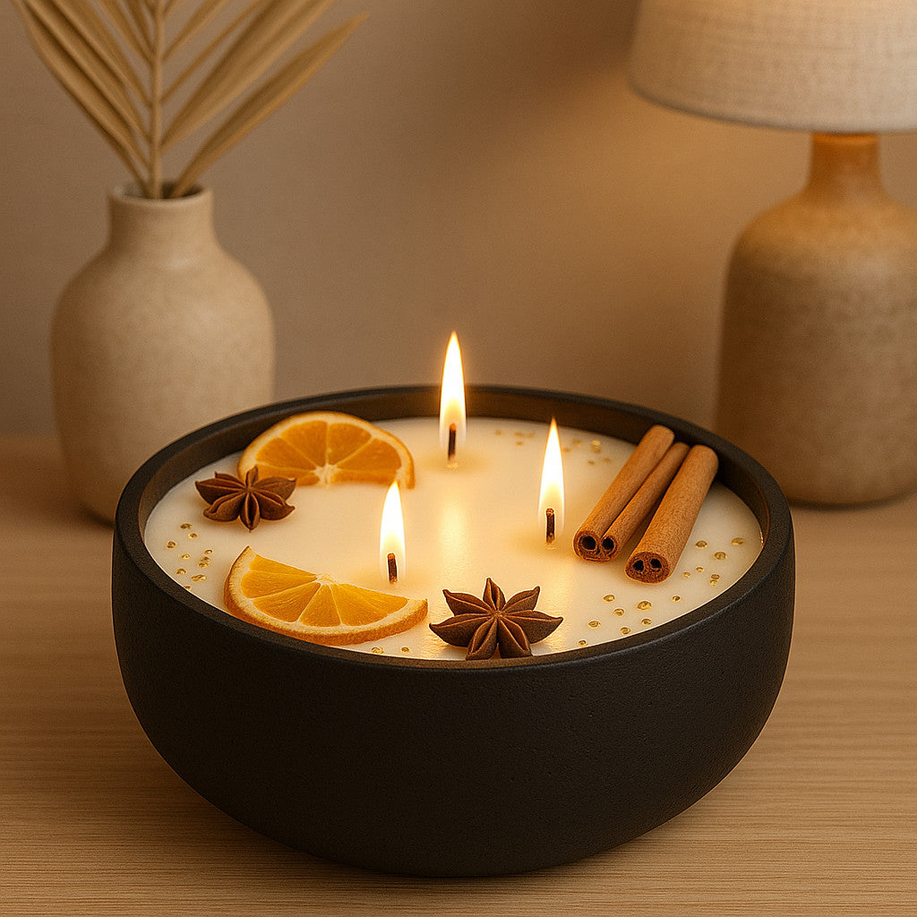 Handgefertigte Duftkerze in schwarzer Beton-Schale mit drei brennenden Dochten, dekoriert mit getrockneten Orangenscheiben, Sternanis, Zimtstangen und goldenen Akzenten – stilvoll inszeniert auf hellem Holztisch mit Vase und Lampe im Hintergrund