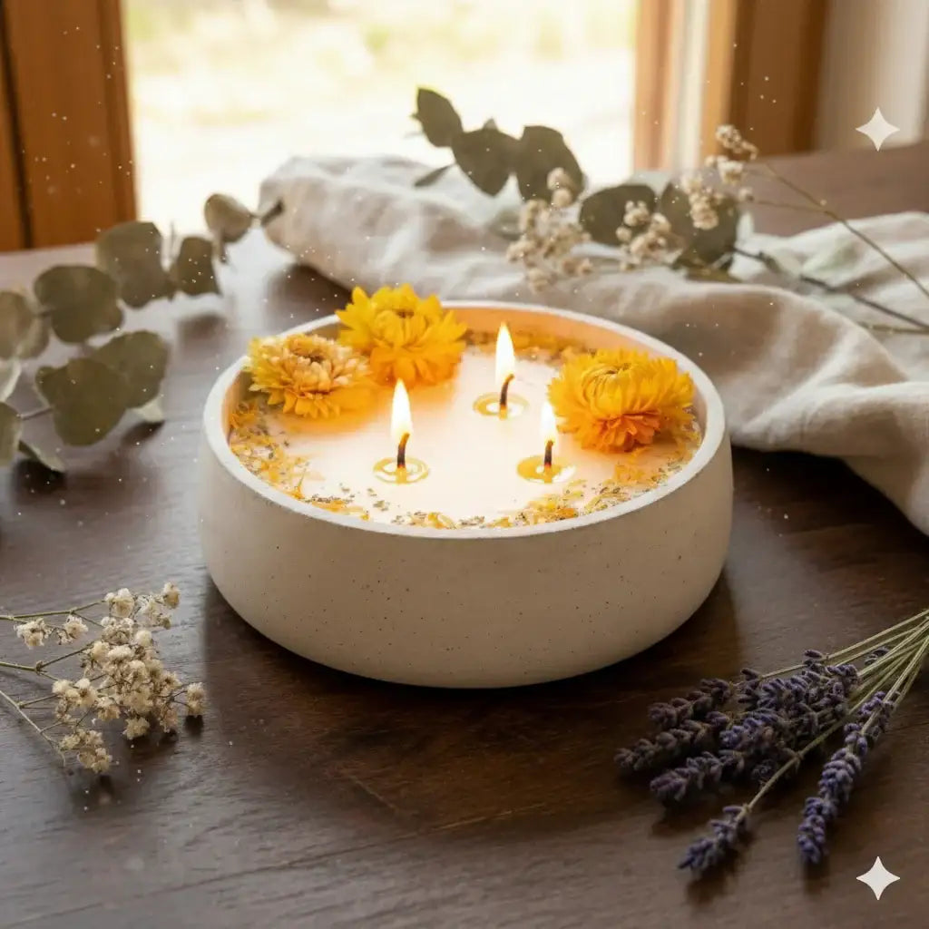 XL Betonkerze "Big Sunshine" – 3-Docht & gelbe Blüten | 18cm | Handgegossen