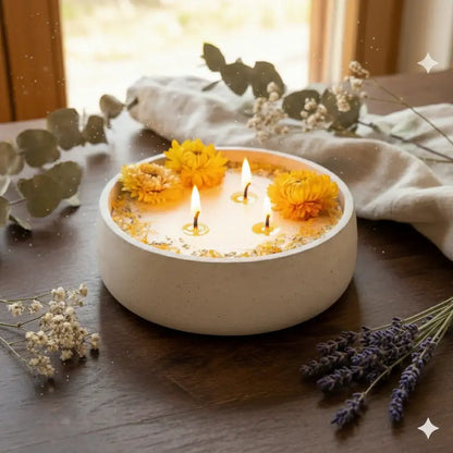 XL Betonkerze "Big Sunshine" – 3-Docht & gelbe Blüten | 18cm | Handgegossen