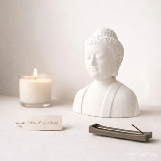 Handgefertigte Buddha-Figur in Weiß – ruhige Zen-Deko für Meditation, Achtsamkeit & Balance - by SteinKunstWerk | HE aus nachhaltiger Herstellung