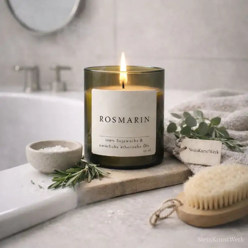 Rosmarin – natürliche Duftkerze für Klarheit, Frische & Harmonie - by SteinKunstWerk | Kerze aus alter Weinflasche aus nachhaltiger Herstellung