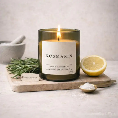 Rosmarin – natürliche Duftkerze für Klarheit, Frische & Harmonie - by SteinKunstWerk | Kerze aus alter Weinflasche aus nachhaltiger Herstellung