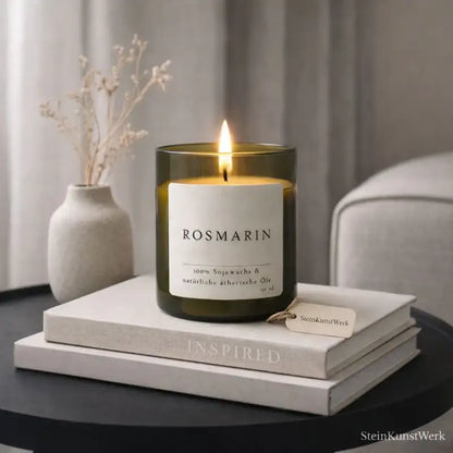 Rosmarin – natürliche Duftkerze für Klarheit, Frische & Harmonie - by SteinKunstWerk | Kerze aus alter Weinflasche aus nachhaltiger Herstellung