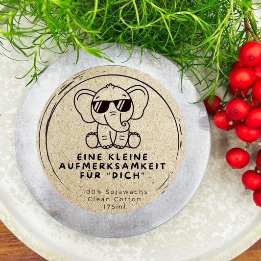 Eine kleine Aufmerksamkeit für dich - Lustiger Elefant mit Sonnenbrille - Personalisierbare PREMIUM Duftkerze - witzige lustige Geschenkidee