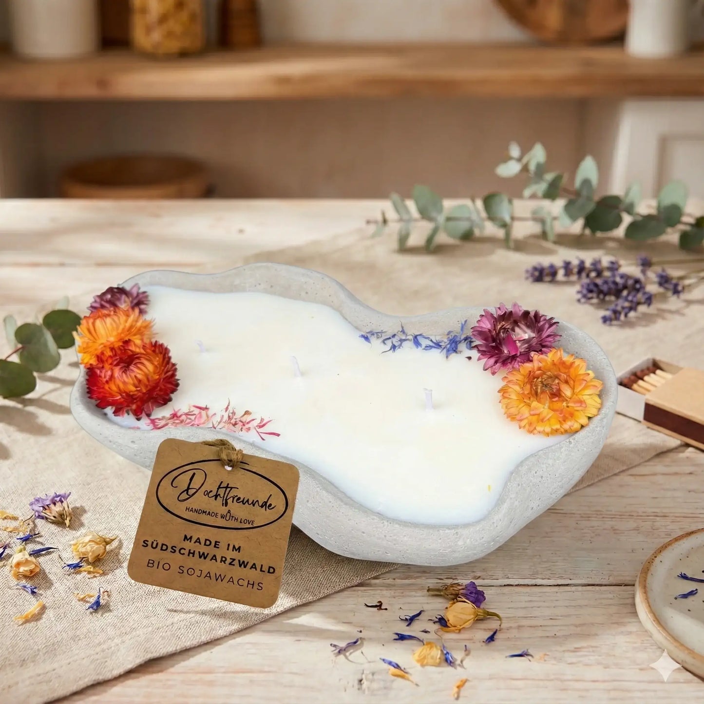 Design-Betonkerze "Grey Wave" – Flower Edition | 3-Docht & Bunt | 29,5cm