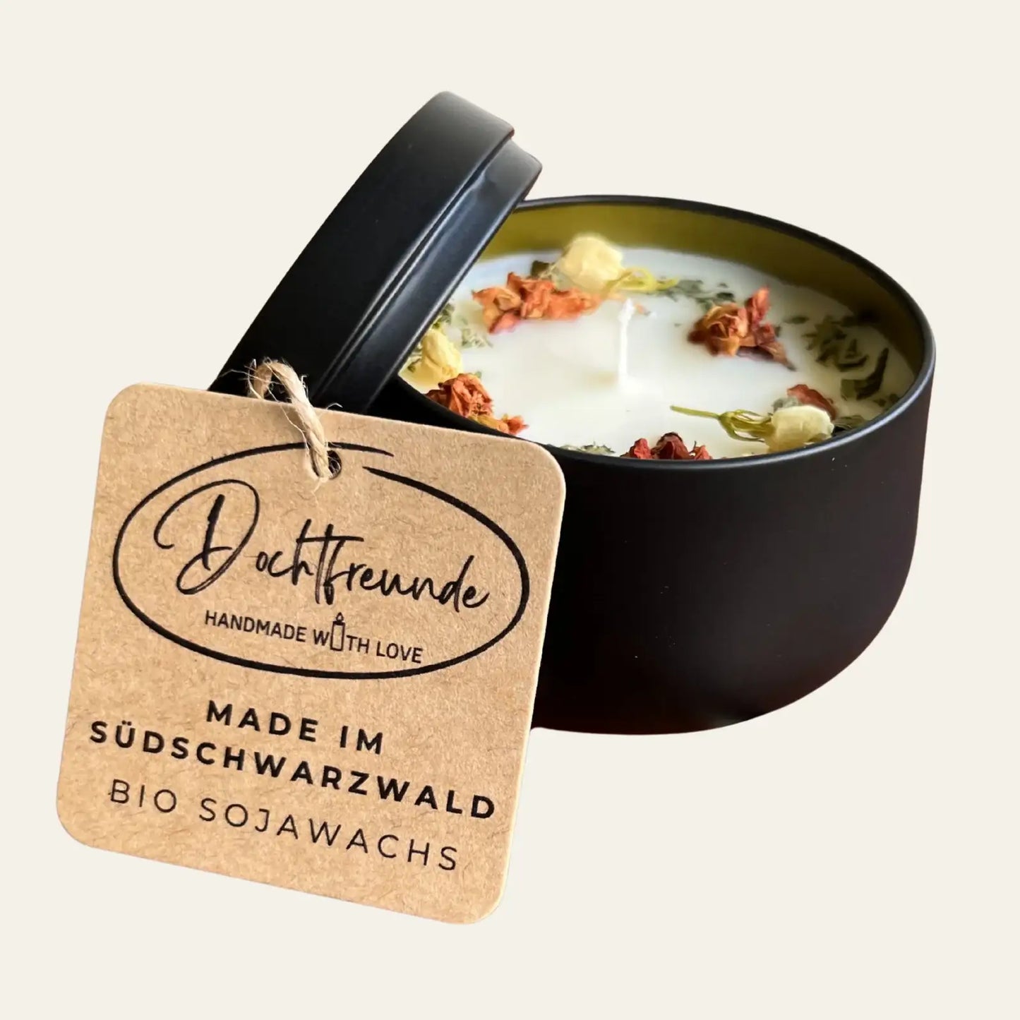 Personalisierbares Duftkerzen-Set als Weihnachts-, Wichtel- oder Jahresgeschenk für Mitarbeiter oder Arbeitskollegen – Handgemacht mit getrockneten Blüten aus dem Südschwarzwald - Einzeln verpackt