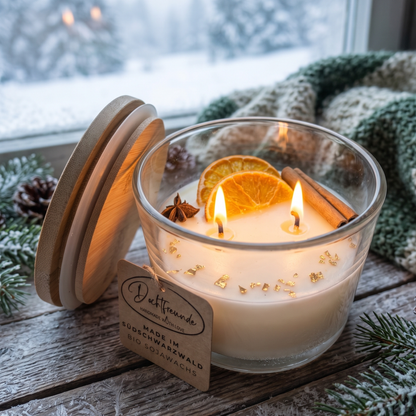 Winter-Duftkerze Vanilla Toffee im Glas mit Holzdeckel