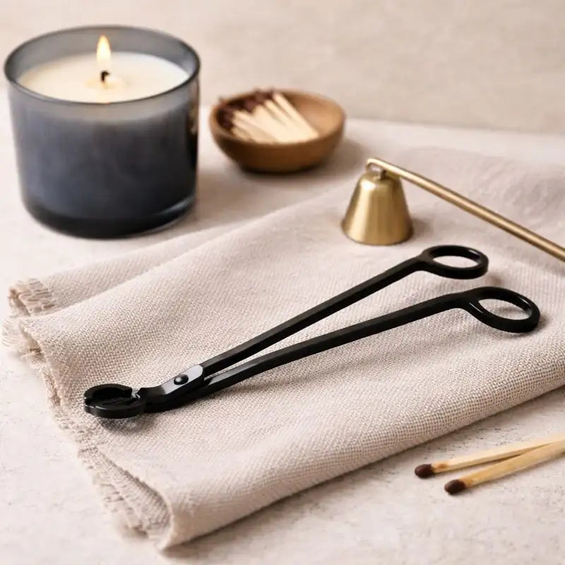 Hochwertige schwarze Dochtschere als stilvolles Kerzenzubehör, gezeigt im Einsatz und in ruhigen, wohnlichen Settings. Die elegante Kerzenschere ermöglicht das präzise Kürzen des Dochtes für ein sauberes, gleichmäßiges Abbrennen von Duftkerzen aus Naturwachs. Ideal für achtsame Rituale, gepflegte Wohnatmosphäre und als stilvolle Geschenkidee für Kerzenliebhaber.