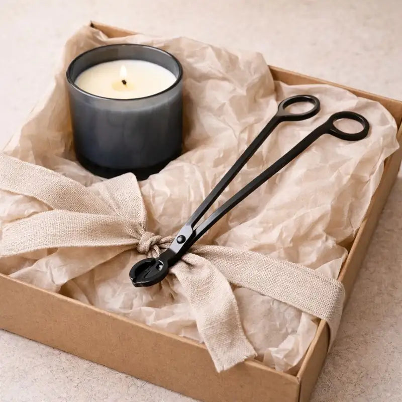 Hochwertige schwarze Dochtschere als stilvolles Kerzenzubehör, gezeigt im Einsatz und in ruhigen, wohnlichen Settings. Die elegante Kerzenschere ermöglicht das präzise Kürzen des Dochtes für ein sauberes, gleichmäßiges Abbrennen von Duftkerzen aus Naturwachs. Ideal für achtsame Rituale, gepflegte Wohnatmosphäre und als stilvolle Geschenkidee für Kerzenliebhaber.