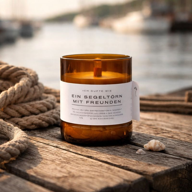 Maritime Duftkerze mit frischer Meeresbrise und holzig-maskulinen Noten. Vegan, nachhaltig aus Rapswachs, handgemacht in Deutschland – für Freiheit, Ruhe und besondere Momente.