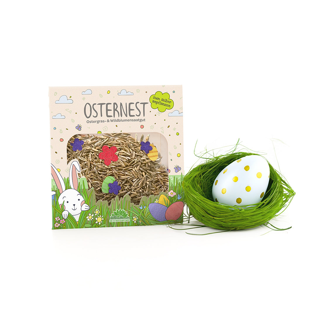 Ostergraskonfetti mit Saatpapier – Osternest zum Säen – Verpackung und Produkt im Freisteller