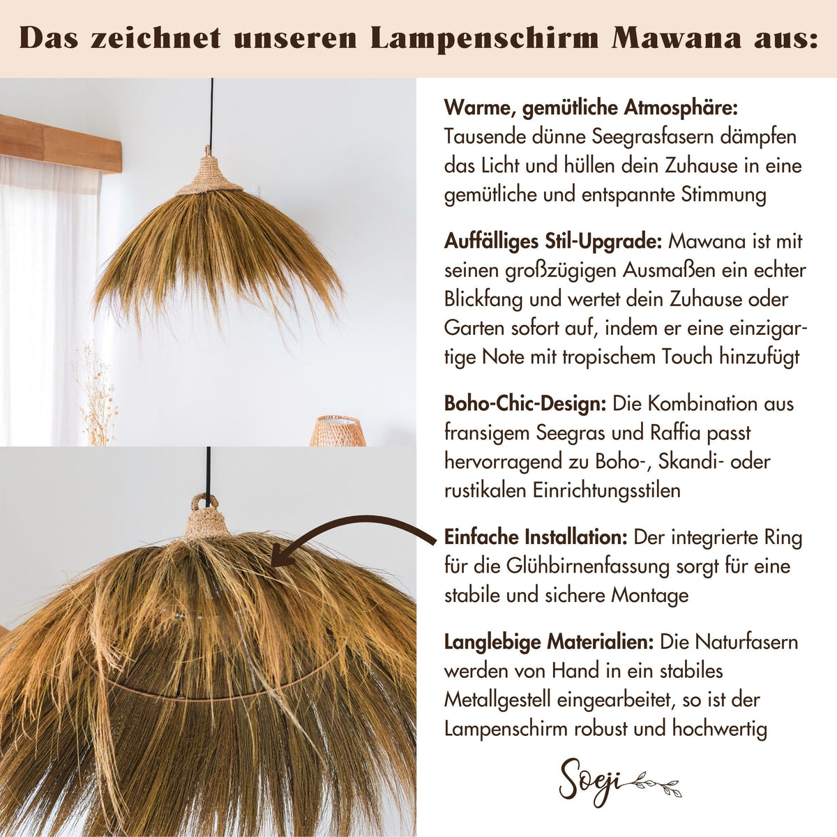 Boho-Lampenschirm MAWANA – Seegras und Raffia