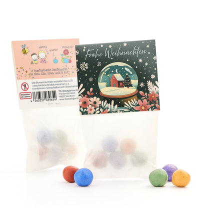 Geschenktütchen Schneekugel mit Blumenmurmeln – Vorder- und Rückseite