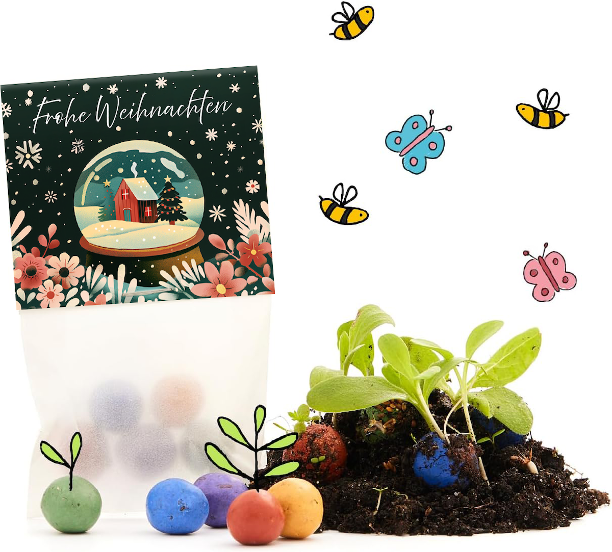 Blumenmurmeln Schneekugel im weihnachtlichen Geschenktütchen – Produktfreisteller