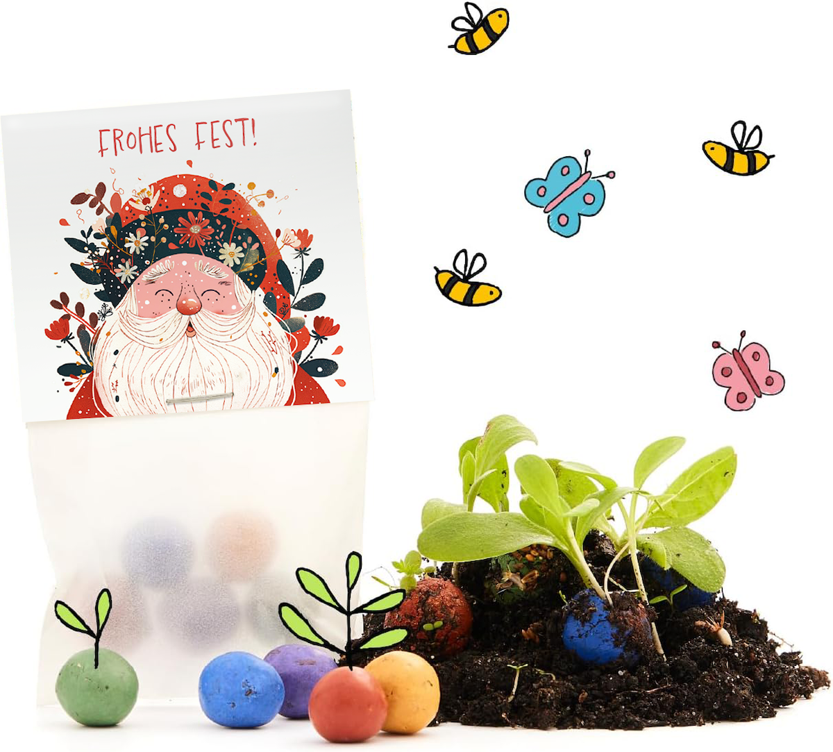 Blumenmurmeln »Frohes Fest« mit Weihnachtsmann-Motiv – Produktfreisteller