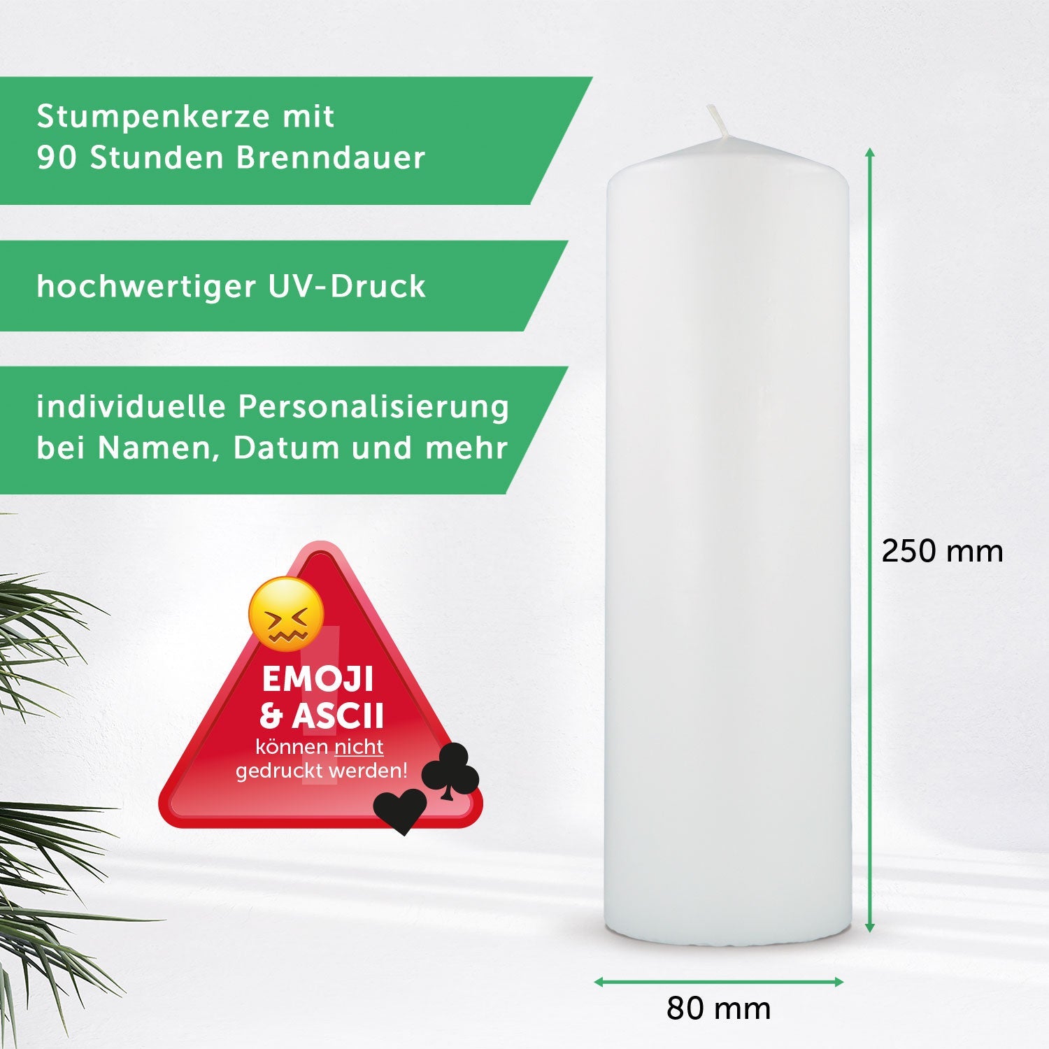 Hochzeitskerze Pampasgras Love – Maße der 25 cm Stumpenkerze