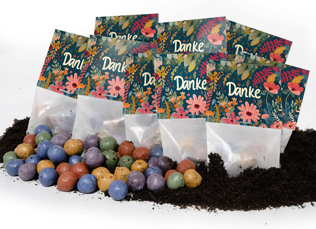 50 Blumenmurmeln „Danke“ – 10 Tütchen à 5 Saatkugeln