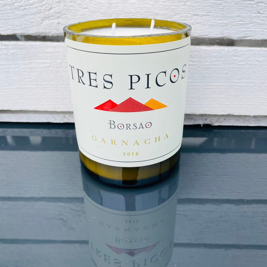 Flaschenkerze Borsao Tres Picos Garnacha 2018 als Upcycling Kerze aus originaler Weinflasche