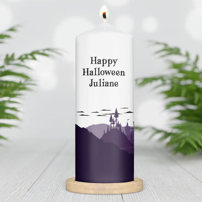 Halloween-Kerze Gruselschloss mit personalisiertem Namen hinten
