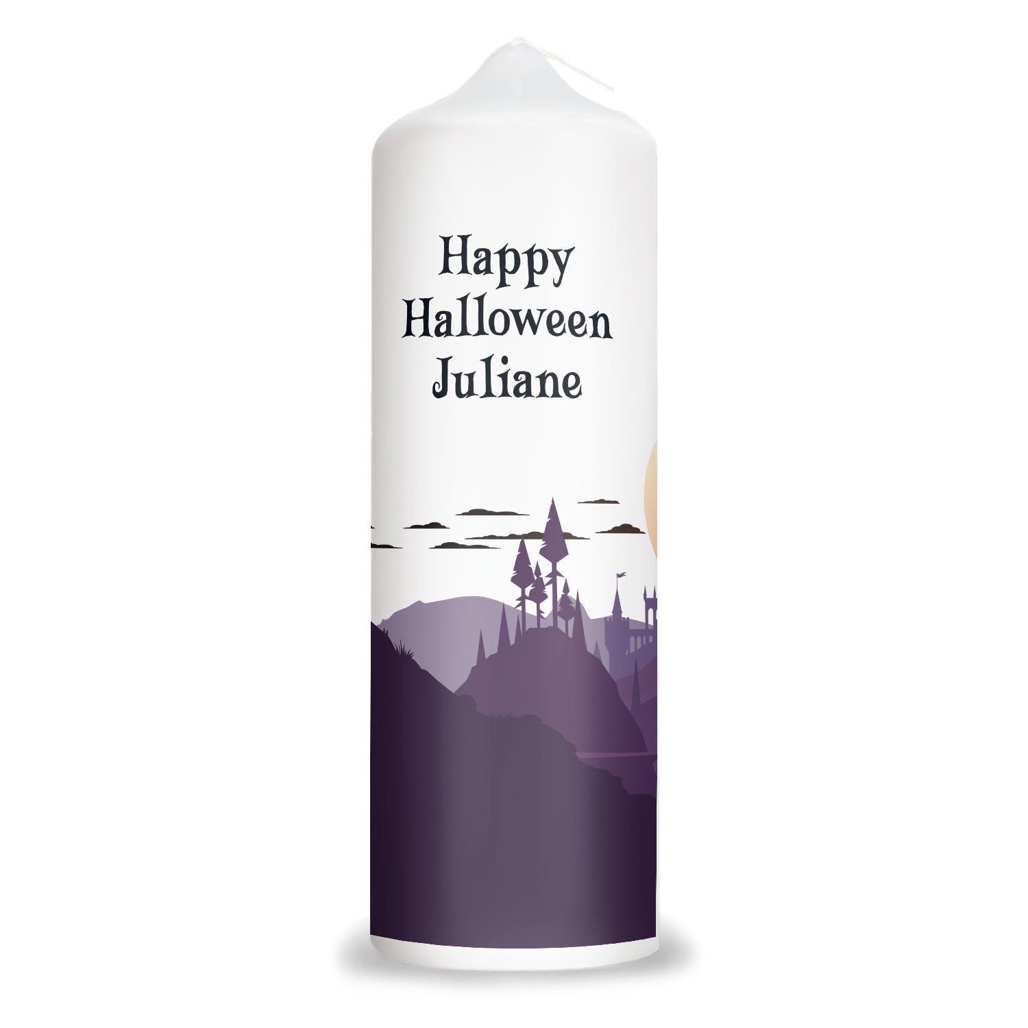 Personalisierte Gruselschloss Halloween-Kerze – Rückansicht