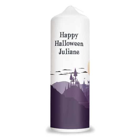 Personalisierte Gruselschloss Halloween-Kerze – Rückansicht