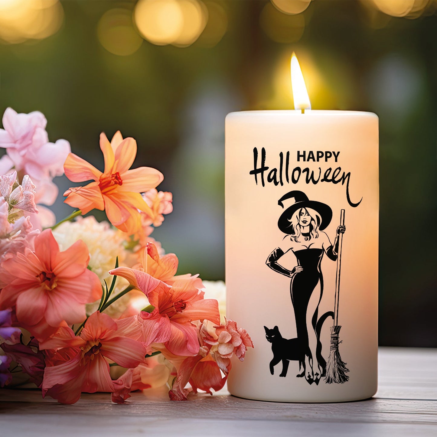 Happy-Halloween Kerze mit Hexe als freigestellte Produktansicht