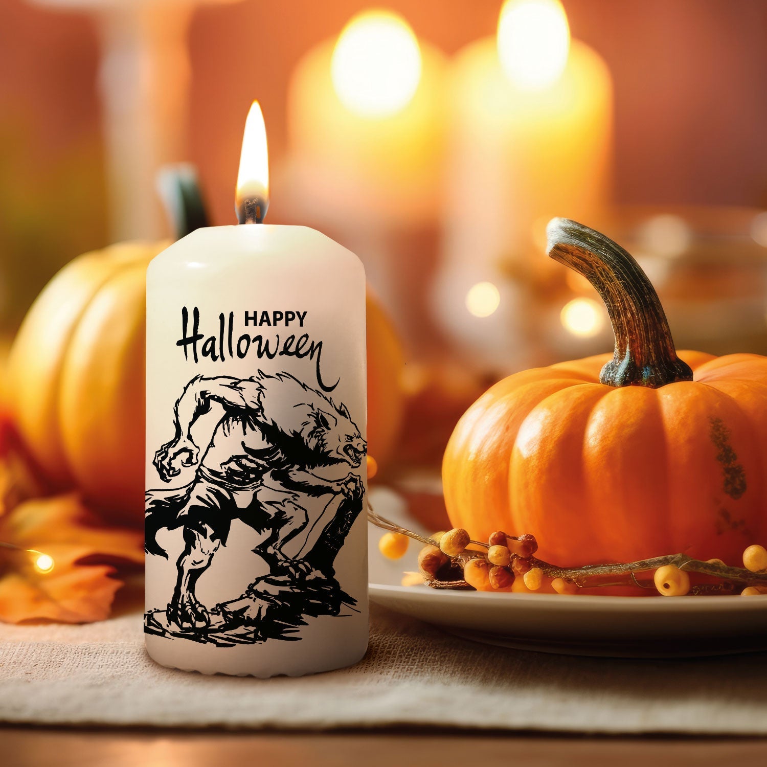 Halloween-Kerze mit Werwolf-Motiv in Spooky-Season-Deko