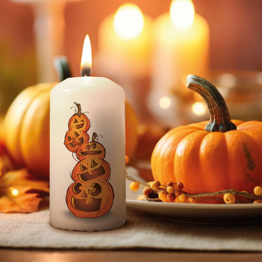 Kürbisstapel-Kerze kombiniert mit herbstlicher Halloween-Deko