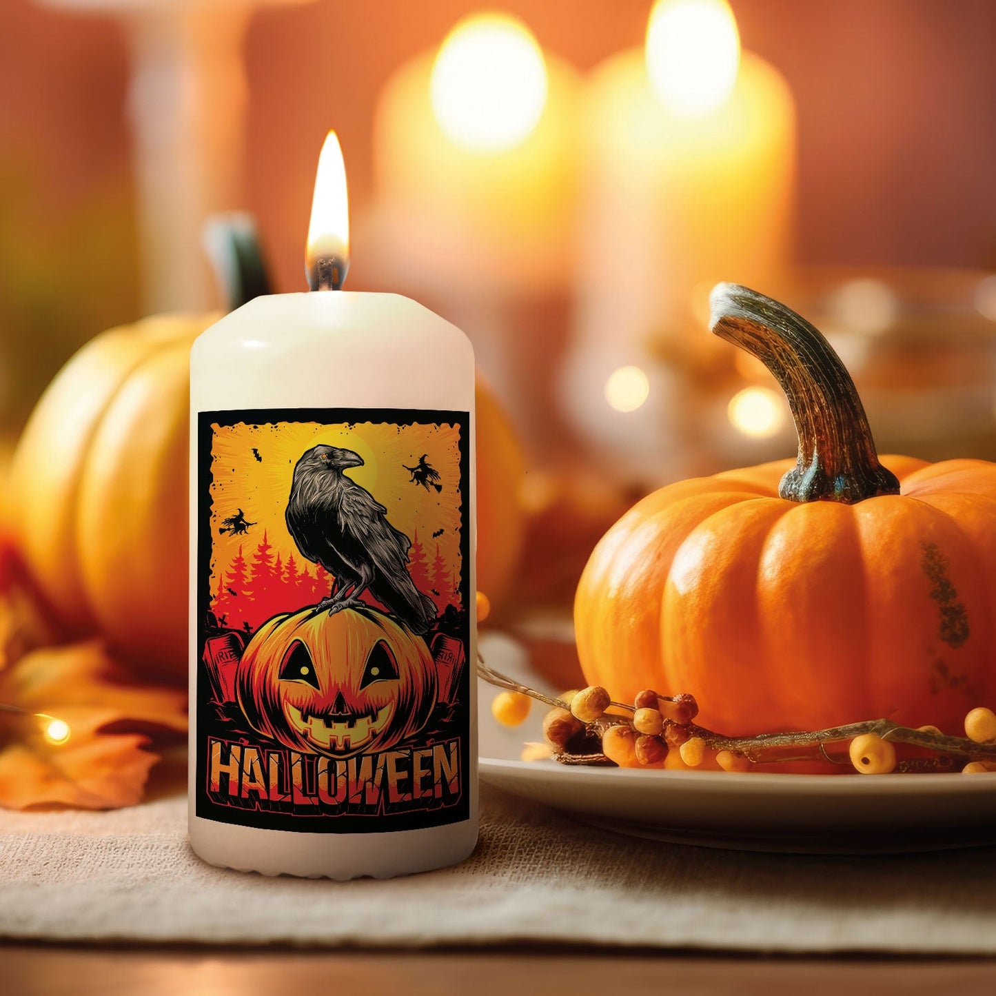 Rabe-und-Kürbis Kerze in herbstlicher Halloween-Dekoration