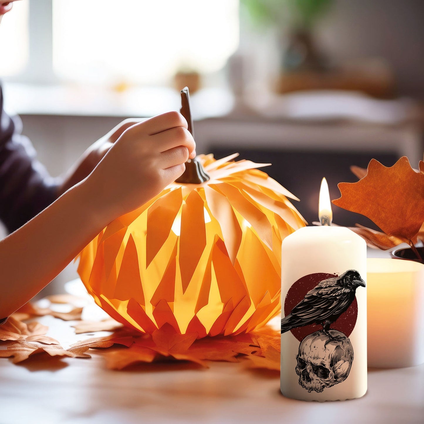Personalisierte Raben-Kerze als dunkler Halloween-Lichtakzent